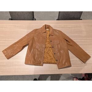 Vtg J Crew Honey Brown Leather Cafe Racer Jacket Ladies M - Minimalist Moto